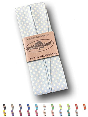 Sandras-Bastelladen Schrägband/Einfassband Baumwolle gefalzt 3m x 20mm - Punkte Muster 1006-Hellblau-Weiß