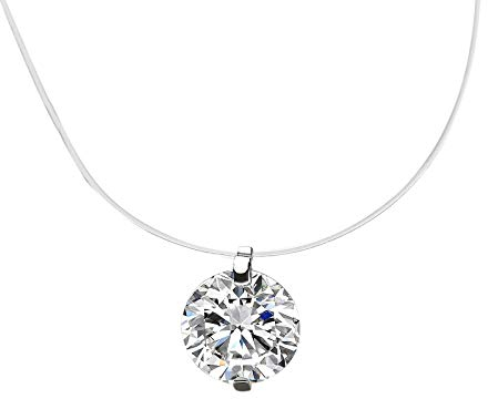 vissen Collana solitaria - Ciondolo da donna in zirconio, con perle invisibili, in nylon trasparente 925, in argento, gioielli semplici ed eleganti, Zirconia cubica, Zirconia
