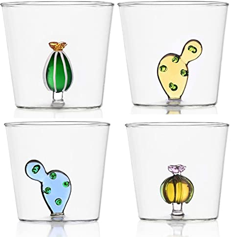 Ichendorf Set 4 bicchieri da acqua in vetro decorato Cactus fiore rosa Desert Plants