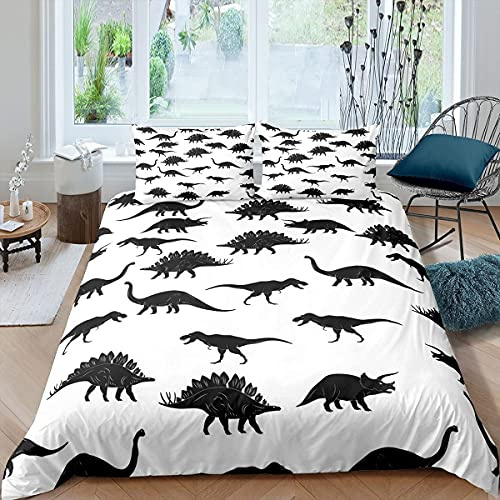 Loussiesd Dinosaurier Bettwäsche Schwarz Weiß Kinder Dino Bettwäsche 135x200 Jungen Karikatur Dinos Bettbezug Set Jugendliche Mädchen Bettwäsche Set Teens Dschungeltiere Betten Set Weiche Mikrofaser