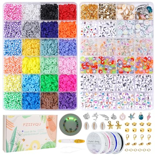 FZIIVQU Perlen für armbänder, 7200 Stück Clay Perlen Set, 24 Farben Polymer Clay Perlen zum Auffädeln, 2 Boxen Selber Machen mit Buchstabenperlen, Schmuckherstellung Kit für DIY Geschenk