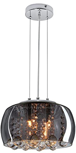 Modern Crystal Droplet Pendant Light Smoked Grey Glass Ceiling Lamp Shade Drum H3010