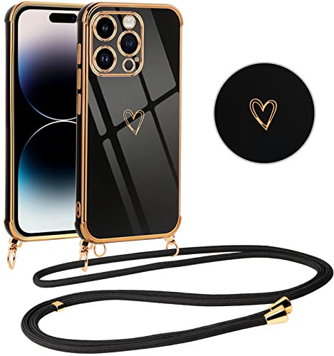 Vauki Coque pour iPhone 14 Pro avec Cordon de Collier, Galvanisé Etui Housse avec Motif Coeur d'amour, Antichoc Anti-Rayures Case avec Bandoulière pour iPhone 14Pro 6.1, Nior