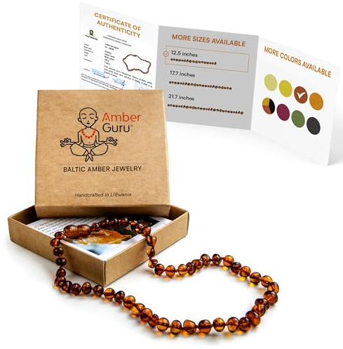 Amber Guru Baltic Amber Necklace (Authentic, Certified) - 12.5 inches - Unisex Jewelry - Cognac Color - Polished Real Amber Beads - Proud to Deliver Genuine Baltic Sea Wonder - Handmade
