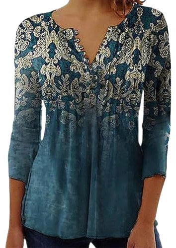 Yeenily Camicia Elegante Donna a Manica Scollo a V T-Shirt a 3/4 Lunga Top Bluse Maglietta Stampato Basic Tee(Blu,XL)