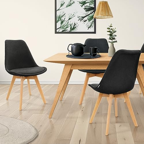 ML-Design 4er Set Esszimmerstühle mit Rückenlehne, Schwarz, Skandinavisches Retro Polsterstuhl mit Buchenholz-Beinen, Leinen Sitzfläche, Ergonomischer Küchenstuhl für Esstisch, Wohnzimmerstühle Stuhl