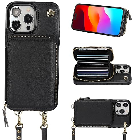 Bocasal Crossbody Wallet Case für iPhone 15 Pro Max, RFID-blockierend, Leder, Geldbörsenhülle mit Kartenhalter, schützende Handtasche, Klapphülle mit Reißverschluss, Handschlaufe, Umhängeband für