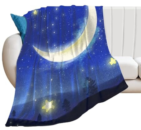 Kuscheldecke Stern Mond Blau Wohndecke Weich Warm Flanell Fleecedecke Sofadecke Bettüberwurf 100×130cm