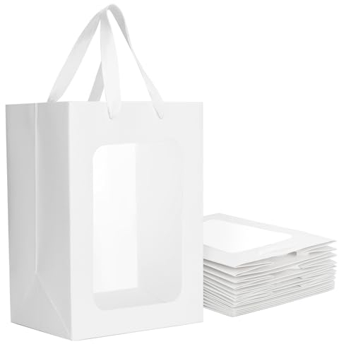 EUSOAR Papiertüten mit Sichtfenster - 10 Stück Geschenktaschen mit Henkel - 18x13x25cm Geschenktüte mit Griff - 230GSM Gift Bags Weiß - Klein Papier Tüten Weihnachtsdeko Einkaufen