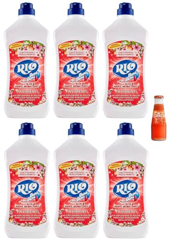 6x RIO Bum Bum Pavimenti, detergente per pavimenti con alcool, profumo di Pesco Fiorito, 1000ml + 1x Gingerino Recoaro Aperitivo Italiano 10cl IN OMAGGIO