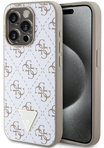 GUESS GUHCP15XPG4GPH Case for iPhone 15 Pro Max 6.7 Inch White Hard Case 4G Triangle Metal Logo