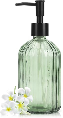 Topsky Glass Soap Dispenser with Black Plastic Pump, 400ml Liquid Hand Soap Dispenser, Rustproof Pump for Kitchen & Bathroom, Great for Lotions, Essential Oil, Liquid Soaps (Army Green)