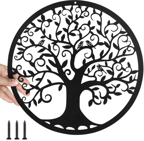 DBREAKS Metall Baum des Lebens Wanddekoration, Wandbild Silhouette Wanddeko, Lebensbaum wanddeko, Schlafzimmer Wohnzimmer Wanddeko Geschenk, für Innen- und Außenbereich(schwarz, 30 x 30 cm)