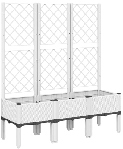vidaXL Pflanzkübel mit Rankgitter, Blumenkübel mit Rattan-Optik, Blumenkasten für Terrasse Garten, Gartenspalier Pflanzkasten, Weiß PP