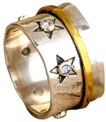 FUSHENGTER Ring Herren Ringe Männer Fingerring Damen Biker Ring Ehering Mondstein drehbarer Finger-Fidget-Spinner-Ring für Männer und Frauen, 10 Silber
