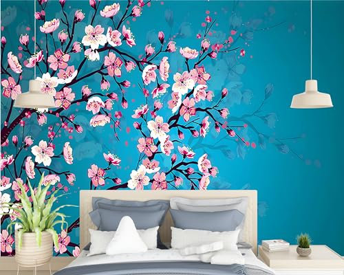 3D Papier Peint Bleu Fleur De Cerisier Japonais 250x175 cm Papier Peint Panoramique Mural Affiche Géante Décoration Pour Salon Chambre Chambre D'Enfant Décoration Murale