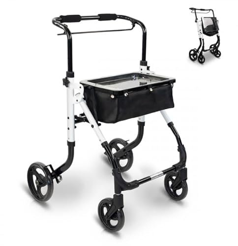 GOVITA - Andador para ancianos 4 ruedas, andador de aluminio ligero con asiento, rodillo plegable, altura del asiento ajustable, para exterior e interior