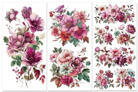 PLIGREAT 3 Blätter Vintage Blumenn reiben auf Transfers für Möbel Aquarell Blumen reiben auf Aufkleber für Holz Kommoden Kleiderschrank Keramik Scrapbooking Handwerk dekorative Transfer Aufkleber