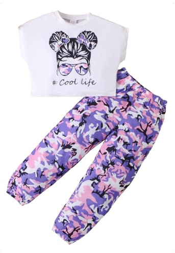 KONFEN 2 Pezzi Completo Ragazze, Hip Hop Crop Tank Top + Pantaloni Mimetici con Tasca, Completo Bambina Vestiti Manica Corta T-shirt e Pantaloni Jogger Vita Elasticizzata per 6-7 Anni, Viola