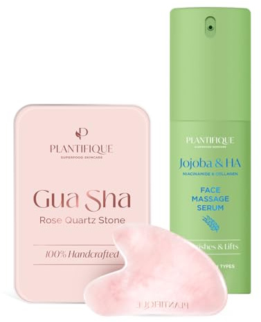 PLANTIFIQUE Jojoba Oil - Face Serum for Gua Sha Massage and Glowing Skin & Gua Sha Rose Quartz Tool - Anti-Aging and Skincare Routine
