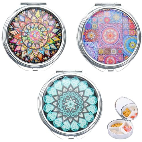 Xrten Pocket Pill Box,Metall Pillendose Rund,Pill Box 3 Pack mit Spiegel Drei Fächern und Einem Schachtel Faltbar Tragbar Pillenschachtel Vitamine Medizin Tablet Organizer Case für Tägliche