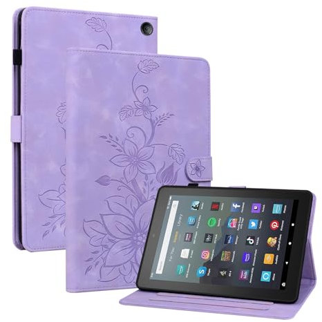 MOKASE Case Fit for All-New Amazon Kindle Fire 7 Tablet 12th Generation 2022 Release Latest Model 7, Suede Leather Folio Stand Cover, with Pen Holder & Card Slots for kindle Fire 7 Tablet, Purple
