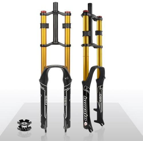 BSFHQS Forcella Bicicletta da Montagna Downhill 26/27.5/29 Pollici Freni A Disco 150mm Corsa Forcella Ammortizzata 9mm QR 1-1/8 Dritto Aria Mountain Bike Forcella Rimbalzo Regolabile(Gold,26inch)