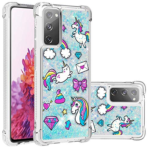 SIYOPINPFY Hülle für Samsung Galaxy S20 FE, für Frauen Quicksand Glitzer Flüssigkeit HandyHülle Transparent Silikon Stoßfest Treibsand Schutzhülle für Samsung Galaxy S20 FE Blaues Einhorn YB