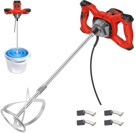 Leistungsstarker Elektro Rührwerk Mörtelrührer mit M14-Gewinde und Rührstab, 120mm Mixerdurchmesser, 6-stufig einstellbar, Feststellknopf, zum Mischen von Farbe, Gips, Zement (Rot)