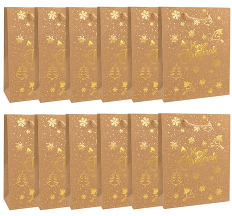Idena 30485-12 - Geschenktüten Weihnachten, 12 Stück, Geschenktaschen in der Größe 25 x 34 cm, Papiertüten in Braun mit goldenen Weihnachtsmotiven