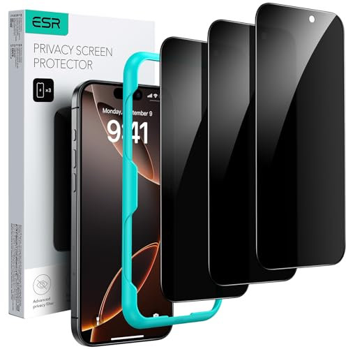 ESR Protector de Pantalla con Privacidad para iPhone 16 Pro, 3 Unidades, Protector de Pantalla de Cristal Templado Antiespía, Herramienta de Instalación Fácil, Bordes Microcurvos, Compatible Funda