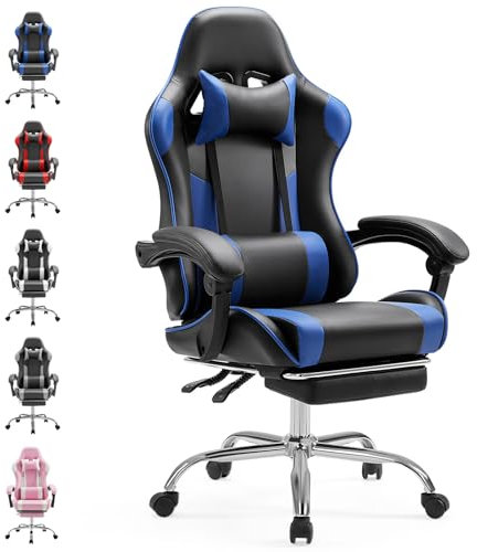 Sweetcrispy Gaming Stuhl,Ergonomischer Bürostuhl mit Fußstütze,Gamer PC Stühle mit Kopfstütze Lendenkissen,90-150° einstellbar Gaming Chair,Leder Drehbar Schreibtischstuhl Computerstuhl,Blau