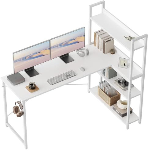 CubiCubi Computertisch mit Ablagefächern, 120x84cm Schreibtisch Kleiner L-förmiger Eckschreibtisch mit Regalen, Weiß