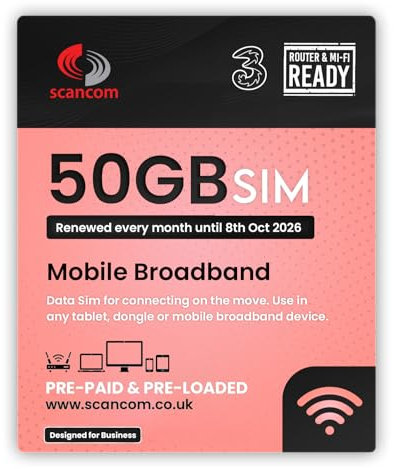 Three 50GB Data SIM - Uncapped 5G - Preloaded MONTHLY Until October 2026 - Plug & Play for Routers & Phones - Access to Three & Vodafone - Connects to the Strongest Signal available