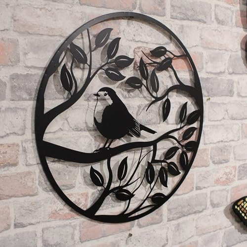 Betley Butterfly Black Metal Round Robin Silhouette Wall Art, 50cm x 50cm x 2cm Garden Fence Ornament Gift - Home & Garden Decoration Present