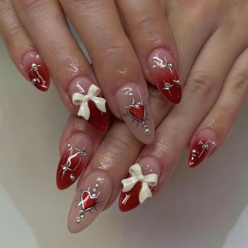 SXVME Red Heart Almond False Nails, 24 Pcs Press On Nails Set, Medium Size, Full Cover Acrylic, Glue On Nails For Women
