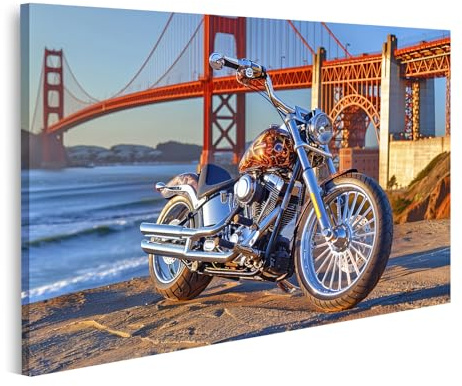 islandburner Bild auf Leinwand Motorrad vor der Golden Gate Brücke bei Sonnenuntergang für Wohnzimmer Motorradliebhaber Motorradwerkstatt Bilder Wandbilder Poster