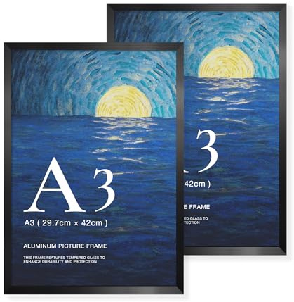 LIVINGTASTE 2 Stück Bilderrahmen A3 - Aluminium Schwarz Rahmen | gebürstet mit gehärtetem Glas fur 29.7x42 cm Fotos Fotorahmen für Poster und Wohnzimmer Kinderzimmer Deko Galerie