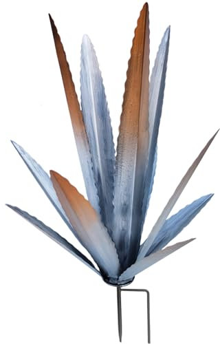 SMELEYOU Agave en métal avec pieu 18x11, 4 Pouces Faux d'agave Plante Pastorale Nostalgique Plantes métalliques artificielles réalistes réalistes peintes Plantes soudées décor extérieur Argent
