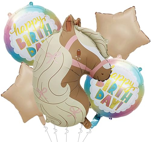 Tourima Pferde Ballon Set, 5 Folienballons für Mädchengeburtstag Party | Das Set enthält 1 Pferdeballon, 2 Sternballons und 2 Happy-Birthday-Ballons für eine liebevolle Pferdeparty für Pferdefans.