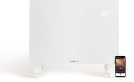 CREATE/WARM CRYSTAL 1500W / Convector eléctrico de cristal con wifi y ruedas blanco/App. sensores de precisión. temporizador. bajo consumo. instalación en pared o suelo. pantalla LED. 1500W