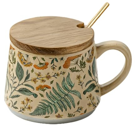 Renopfect Tasse à fleurs | Gobelet avec couvercle et cuillère - En céramique vintage - Pour thé, café, boissons, lait - Pour la maison, la cuisine, le thé, le café, les boissons lactées, le café
