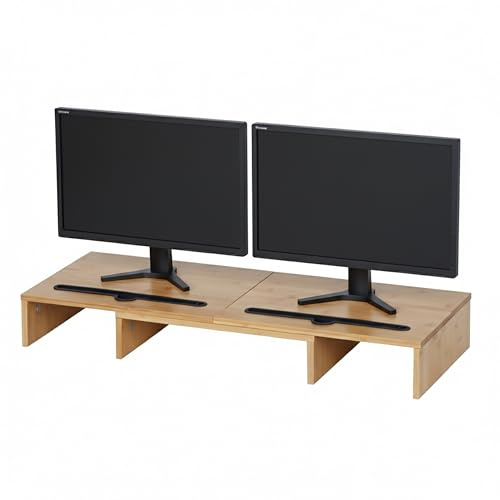 Relaxdays Support pour deux moniteurs, segments extensibles, largeur 74-105 cm, tablette ergonomique en bambou, naturel