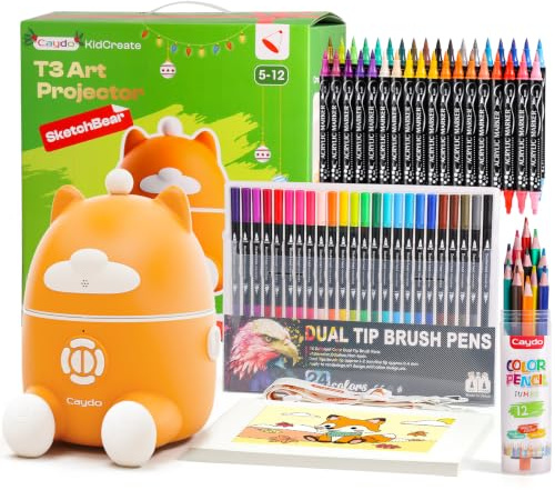 Caydo T3 Smart Drawing Projector Kit for Kids Ages 5+ | With Beginner Start Set - 12 Colored Pencils, 36 Acrylic Paint Markers, 24 Watercolor Markers and 50 Sheet Drawing Paper