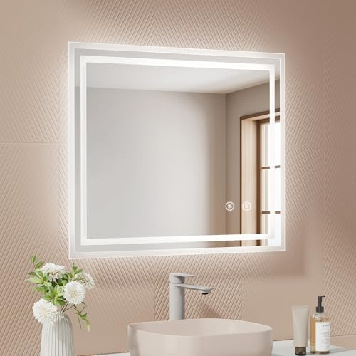 EMKE Badspiegel mit Beleuchtung 60x50 cm, kaltweiß dimmbar, beschlagfrei, Touch, Speicherfunktion, 3-Stunden-Autoabschaltung, IP44, energiesparender Badezimmerspiegel