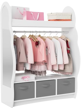 NACHES Kinder Kleiderschrank Kinderkleiderständer mit Boxen, Kleiderstange, Spiegel und Ablagen, Kindergarderobe aus Holz, Kinderregal 81 x 28 x 106,5 cm (Weiß, Wolken mit 3 Schubladen)