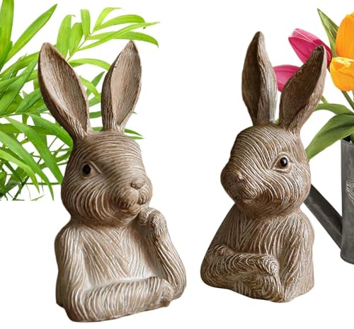 Duroecsain Hasenfigur | Rustikale Dekoration 2 Stück Skulptur Figur - Gartenfiguren - Für Ostern Haus Geschenk Kultur Garten Terrasse Mittelstück