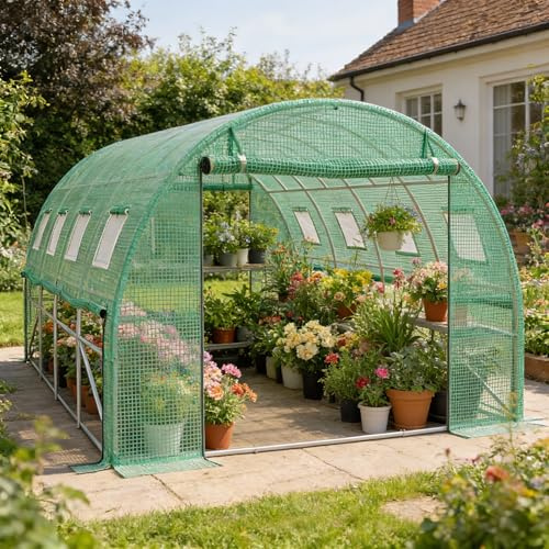 UISEBRT Gewächshaus Foliengewächshaus mit 2 Tür,8 Aufrollbare Fenster mit Moskitonetz,Folientunnel Tomatenhaus aus verzinktem Stahl, PE, Folienzelt inkl. Erdanker & Seilen,400x300x200cm