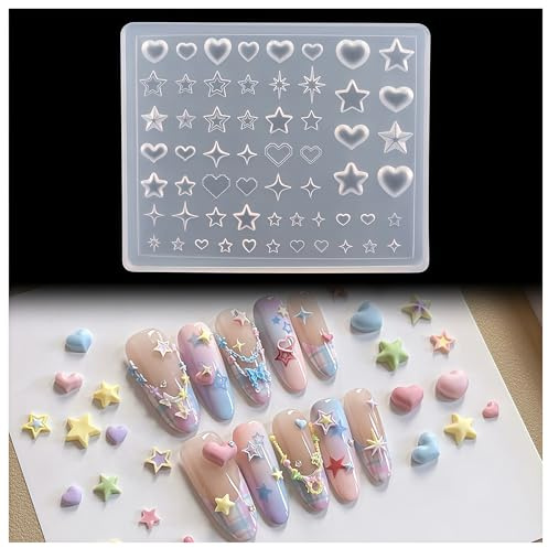 Zosutetoxo Nails Mold, Nail Stamp Nail Design Set with 3D Gel Nail Art Silicone Mold, Heart & Star Nail Templates for Y2K Nail Art