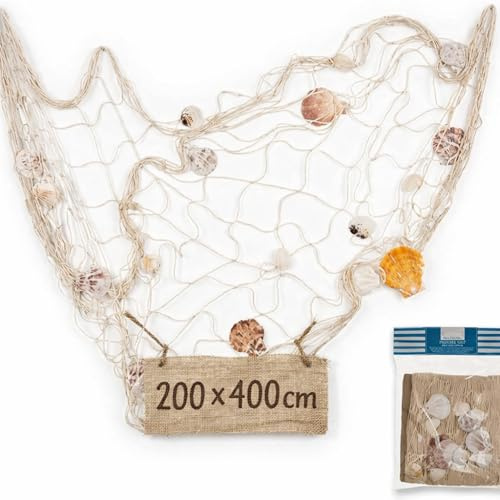 Fischernetz mit Muscheln + Gratis Muscheln zur maritimen Dekoration - 200 x 400 cm Stimmungsvolles Deko-Accessoire